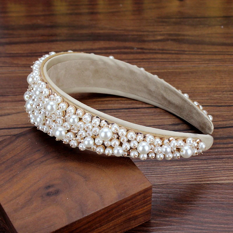 Fasce per capelli da sposa con perle piene fatte a mano per donne Fascia per capelli con perline Accessori per capelli da sposa eleganti per ragazze - immagine 3