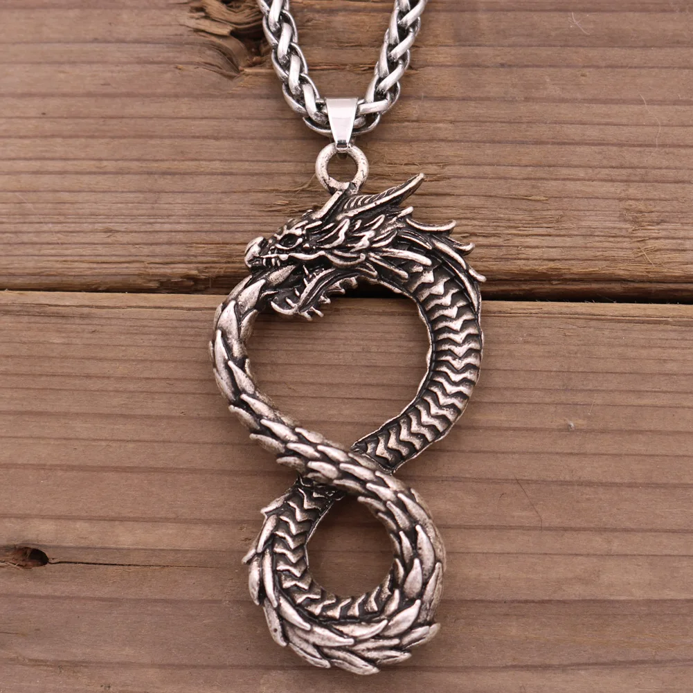 

Retro Silver Plated Infinity Dragon Necklace Scandinavian Viking Women Men Long Chain Necklace Animal Biker Hip Hop Jewelry Gift