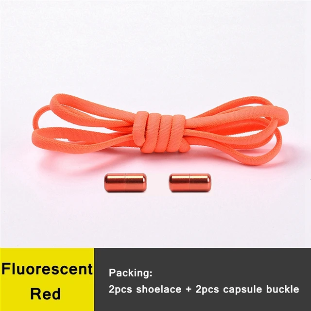 1 Pair 21 Colors No Tie Shoelaces Round Color Metal Lock Elastic Shoelace General For Children And Adults Sneakers Lazy Laces Fluorescent red