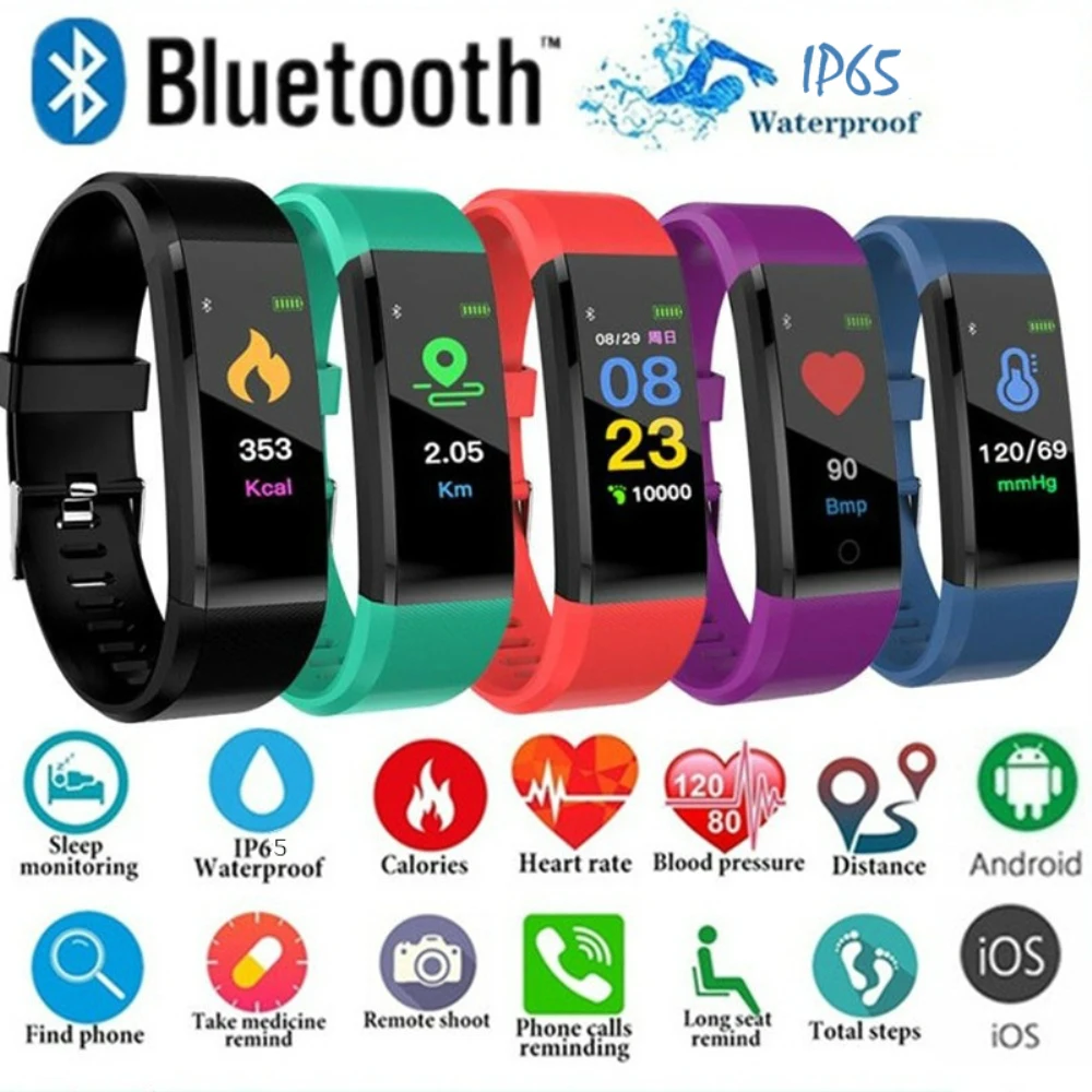 

115 Plus Bluetooth Health Smart Bracelet Heart Rate Monitor Smart Wristband Fitness Tracker Waterproof Smart Watch for Women Men