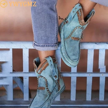 

BLWBYL Women Ankle Boots New Autumn Casual Flat With Retro Boots Female Narrow Band Slide-On Ladies Boots Shoes Plus Size 53