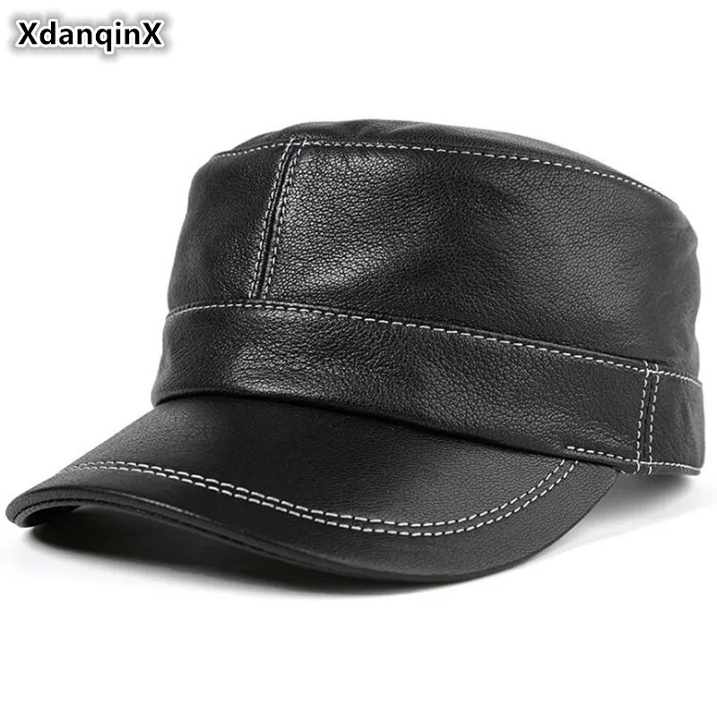 

XdanqinX Autumn Men's Genuine Leather Hat Flat Cap Sheepskin Army Military Hats Middle-aged Simple Fashion Snapback Leather Caps