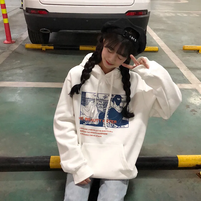 Осенняя толстовка с капюшоном, женская одежда в Корейском стиле Ulzzang Harajuku, свободные толстовки с принтом, Женская флисовая толстовка с капюшоном и длинным рукавом - Цвет: see chart1