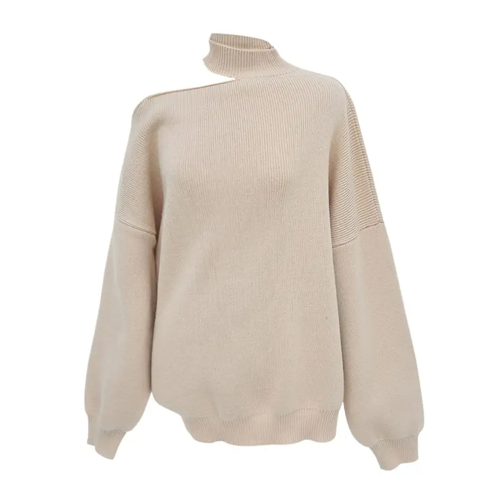 Autumn New Women's Hanging Neck Pullovers Sweater Knitting Bare Shoulder Irregular Fashion Casual Elegant Tops T98323D