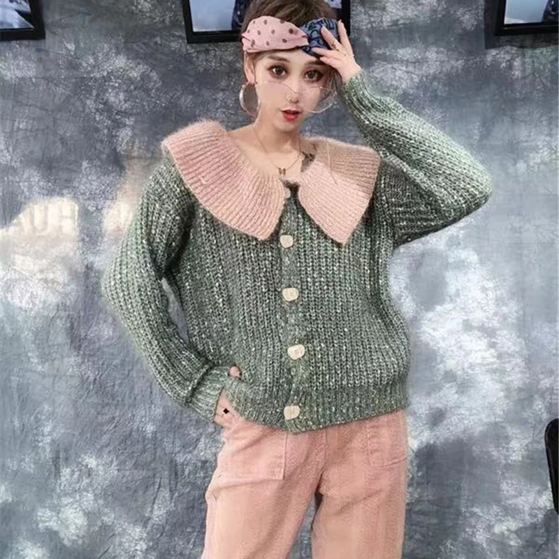 

big lapel cardigan color matching knit sweater coat reduction age loose the doll