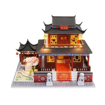 

DIY Dollhouse With LED Light Chinese Style Architectural Model Wooden Assembled Innovative Cottage Toy