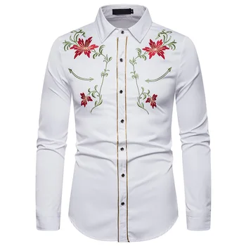 

Fall 2019 men's four seasons casual fashion embroidered shirt western style shirt flower embroidered long sleeve shirt