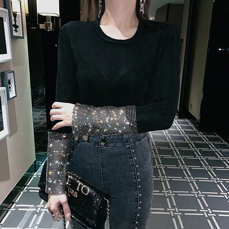 Blingbling Diamond Faux из двух частей, Женский пуловер с круглым вырезом, топ, сплошной цвет, подходит ко всему, длинный рукав, тонкая черная Базовая футболка
