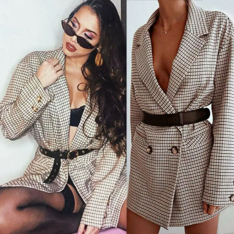

New Autumn Winter Women Office Lady Elegant Button Turn-Down Collar Long Sleeve Slim Collect Waist Plaid Long Blazer Coat Chic