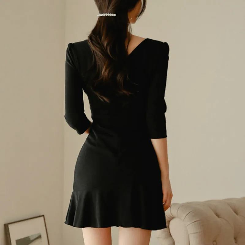 Осеннее Черное мини-платье Vestidos, женское мини однобортное сексуальное облегающее Клубное платье «рыбий хвост»