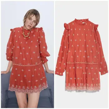 

Women minidress with ruffles floral printed long sleeve red chiffon minidress