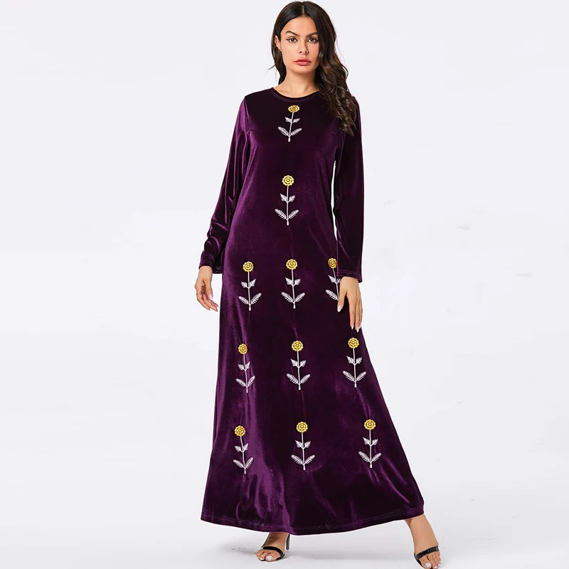 Vestidos плюс размер Длинное Макси Цветочная вышивка бархатное платье женские платья Sukienki ropa mujer Robe Longue Femme Elbise - Цвет: purple dress