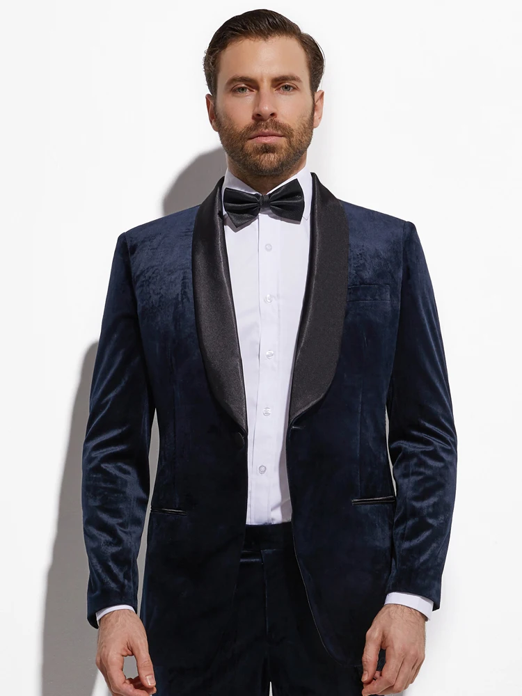 2020 Fashion Midnight Blue Velvet Groom Tuxedo Custom Made Slim Fit