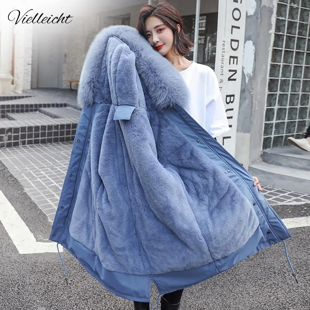 

Vielleicht -30 Women's Faux Rabbit Fur Lining Hooded Long Winter Coat Parkas Outwear Large Fur Collar Thick Winter Jacket Women