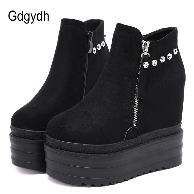 

Gdgydh 2019 Autumn Women Ankle Boots Round Toe Increasing High Heels Fashio Rivets Flock Short Boots Metal Zipper Casual Boots