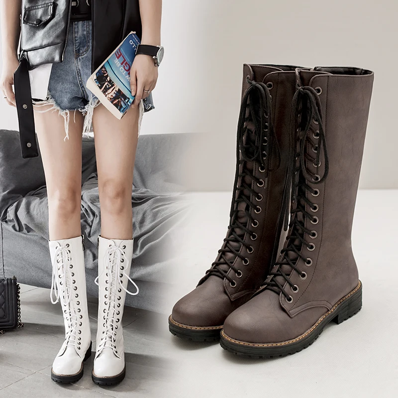 

Haoshen&Girl Hot Sale Autumn Winter Lacing Knee High Boots Women Fashion White Square Heel Woman PU Leather Shoes Big Size 34-43