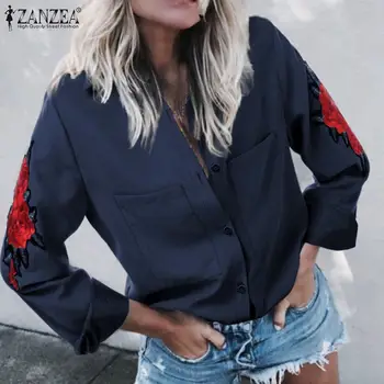 

ZANZEA Women Embroidered Shirts Tops and Blouses Turn Down Collar Ladies Casual Buttons Down Tunic Work Office Chemiser Mujer