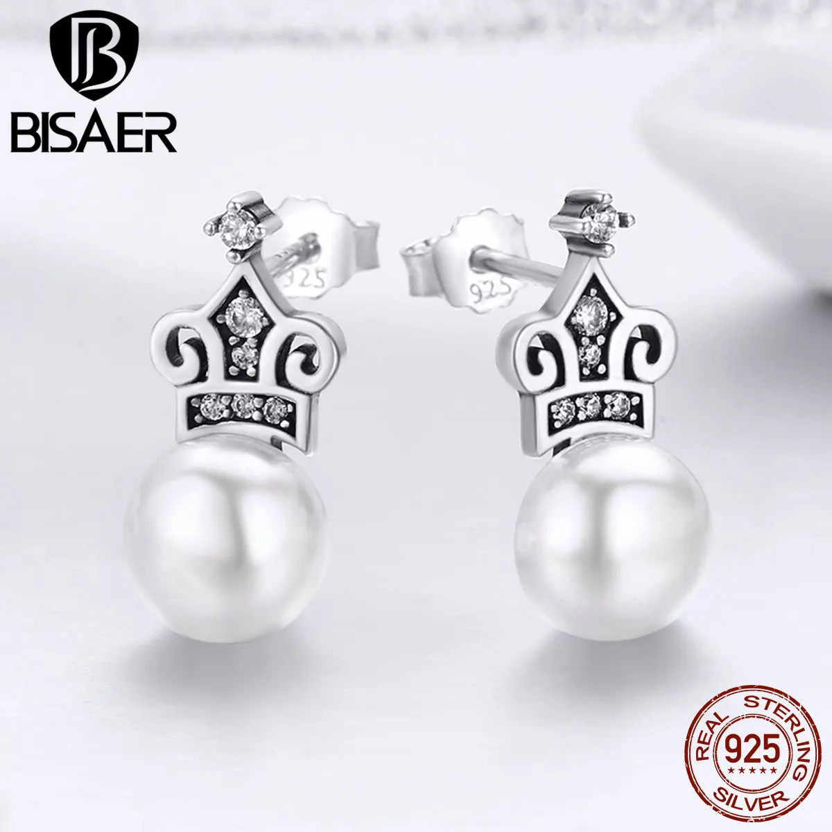 Серебряные серьги 925 пробы серебряные белые круглые жемчужные короны жемчужные серьги-гвоздики женские элегантные серебряные украшения подарок HSE390