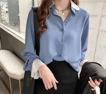 

2020 spring loaded new large size loose long-sleeved shirt Korean wild shirt lace stitching chiffon shirt women