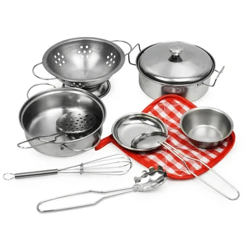 

10pcs Simulation Stainless Steel Kitchen Cooking Pots Pans Kids Cookware Tableware Toys Set Pretend Cook Play Toy Simulation Kit