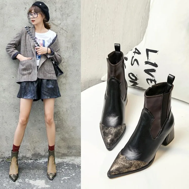 

Large Size Female Ankle Boots Female 2019 Autumn and Winter New Martin Boots Female Thick High-heeled Patent Leather Boots Women