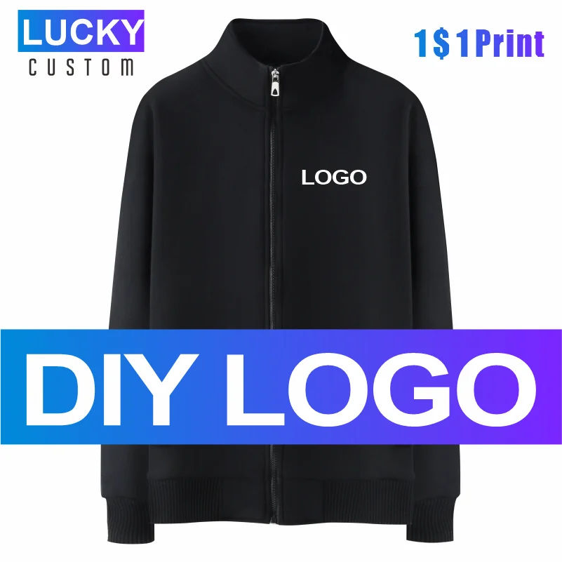 Winter Men's Warm Zip Jacket Custom Printed Embroidered Logo Top High Quality Pure Color Plus Fleece Jacket 3xl