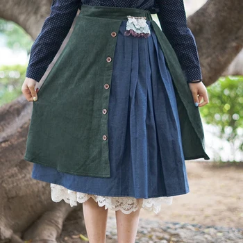 

2020 new mori girl Japanese style fashion cotton and linen button design double layers womens skirts