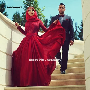 

SATONOAKI 2020 Red Chiffon Lace Appliques Muslim Wedding Dresses O-neck Long Sleeves Wedding Gowns Bride Dresses robe de mariee