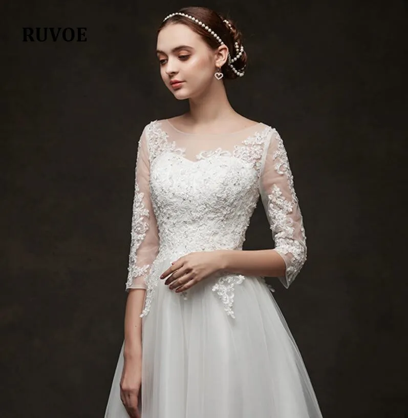 Три четверти рукав Свадебные винтажные платья со шнуровкой вышивка Vestidos De Noivas плюс размер свадебные бальные платья SZ-17