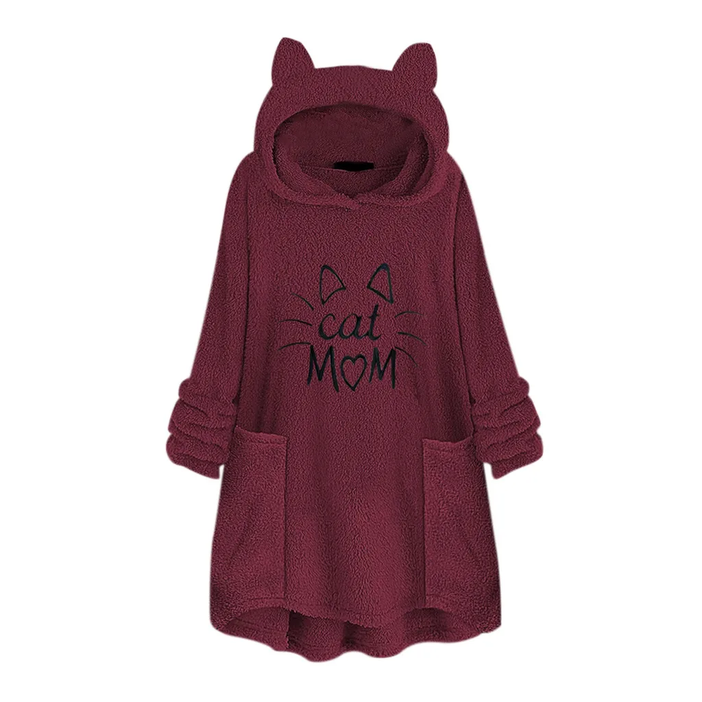 Women Sweatshirt Women Cat Mom Fleece Embroidery Cat Ear Hoodie Sweatshirts Pocket Pullover Top mujer Winter Hoodies#L20