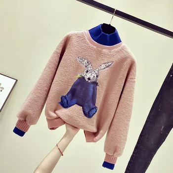 

MUMUZI New lamb hair beaded sweatshirts fashion brand loose thick pullover tops cute cartoon rabbit long sleeve shirts women