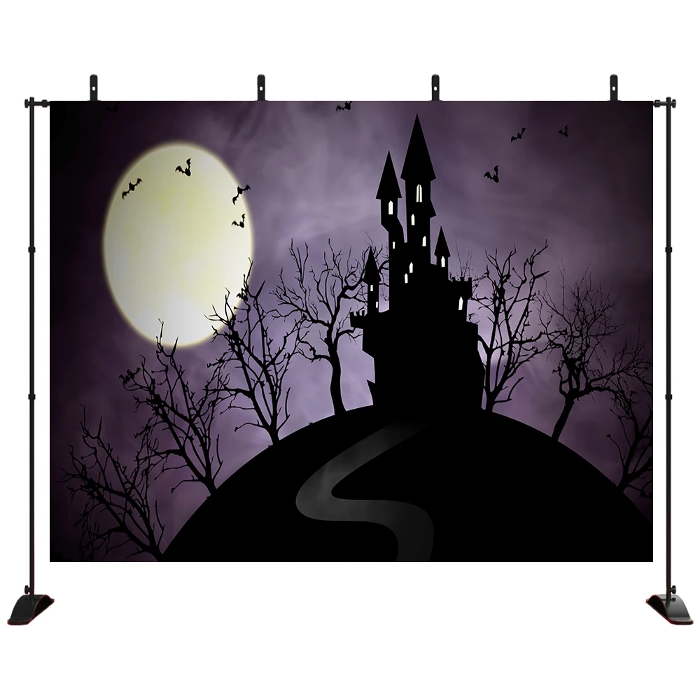 

Halloween photography backgroundDark sky full moon scary castle dead tree bat backdrop professional photocall studio props