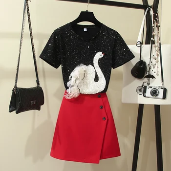 

HAMALIEL Runway Women Swan Feather Sequined O Neck Short Sleeve T-Shirt Two Piece Set And Summer Plus Size Red Mini Skirt Set