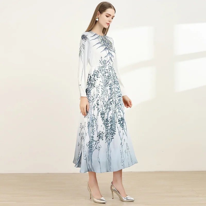 

HUAYIMENGYI Vintage Elegant Temperament Print Long Dress O Neck Long Sleeve A Line Classical Party Dress Women Spring Summer