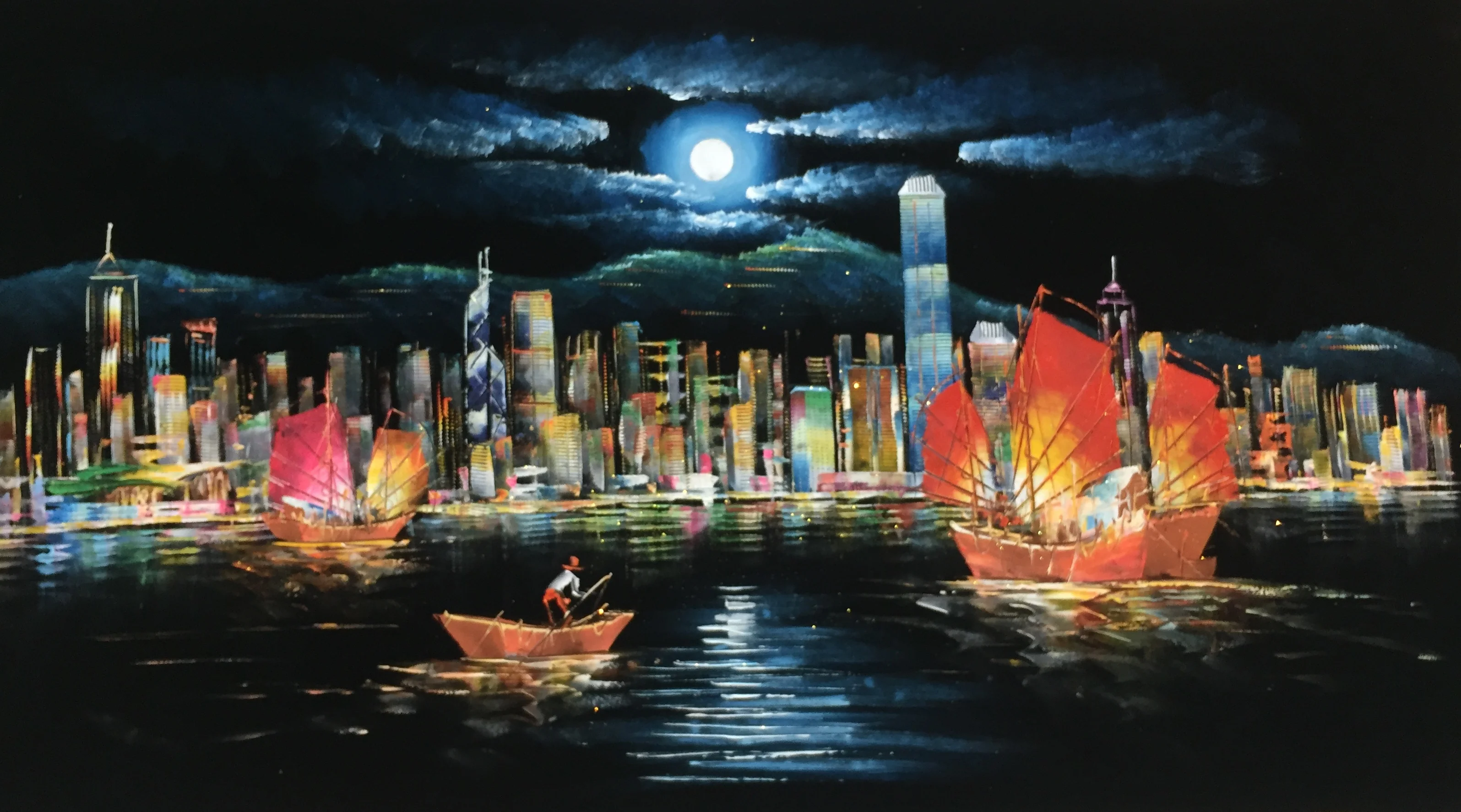 100% ручная роспись картина маслом на фланелете абстрактная Hong Kong Victoria harbor Холст