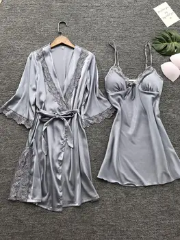 

Women's Pajamas Chunqiu Gray Sexy Sling Simulation Silk Elegant Short Robe Two-piece Female Silk Long Sleeve Chest Pad HomeWear