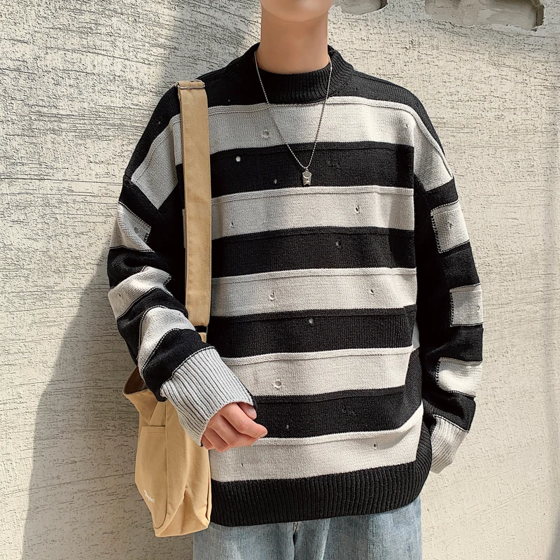 Autumn New Striped Sweater Men Fashion Contrast Color Casual Knit Sweter Man Streetwear Loose Hip Hop Hole Pullover Men Clothes
