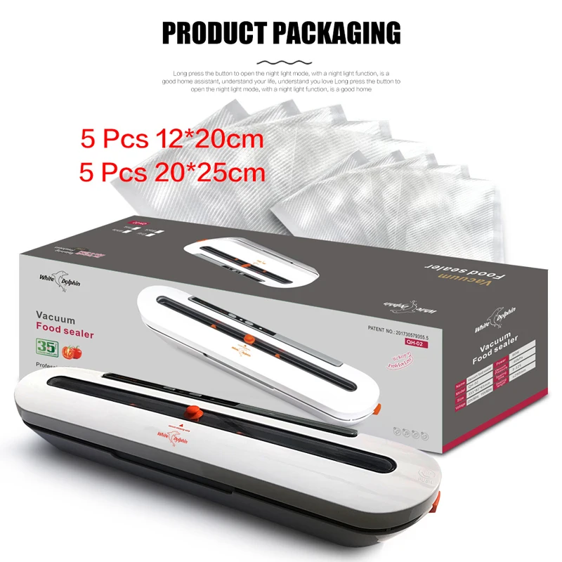 White Dolphin Kitchen Storage Packaging Vacuum Food Sealers Machine 220V 110V Sealing Machine With 10pcs Vacuum Bags 6