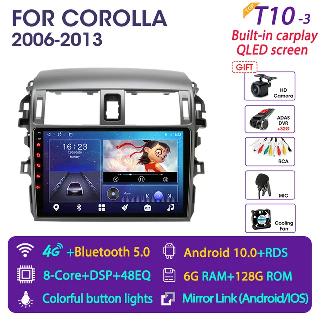 Srnubi Android 10 Car Audio Radio DVD for Toyota Corolla E140/150 2006 - 2013  Multimedia Player 2Din GPS Navigation Auto Stereo T10-3 32G DVR(gift)