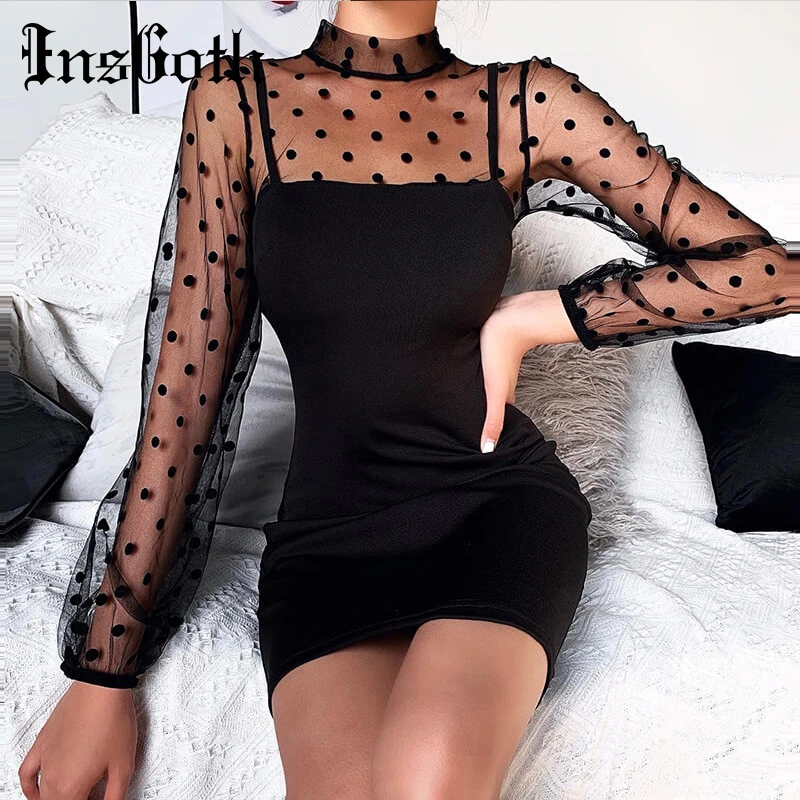 Black dress with see through long sleeves Clearance