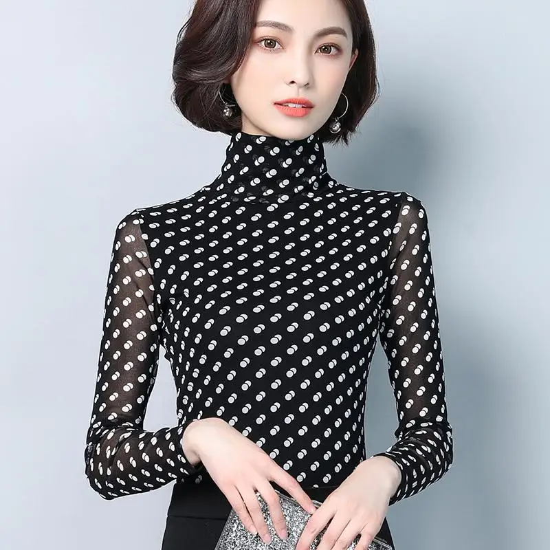 D9250 black 32 цвета, красивая осенне-зимняя женская рубашка с модным принтом и эластичным высоким воротником, простая нижняя рубашка размера плюс, топы, сексуальные губы - Цвет: D9250 black