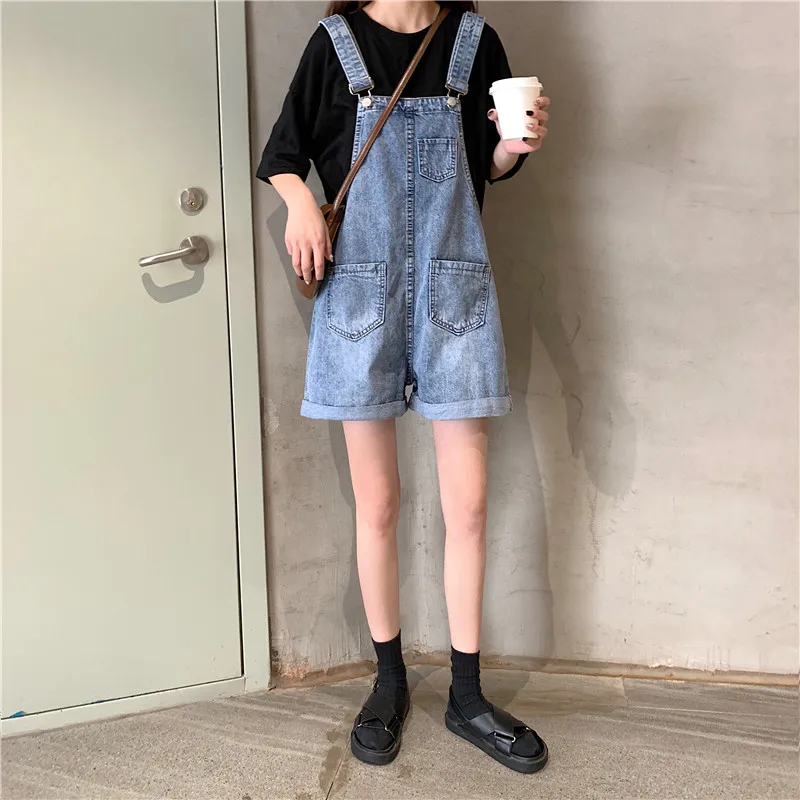 Large Size Elegant Denim Overall Strap Shorts Summer Korean Style Loose Slim Fit Student Wide Leg Casual Playsuit Shorts Rompers