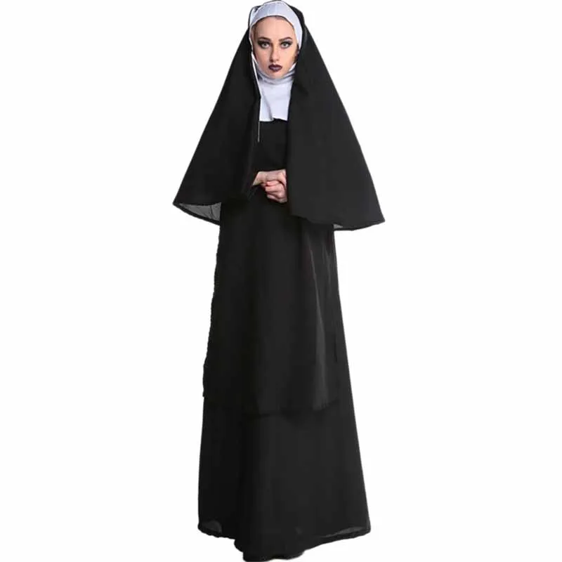 Хэллоуин Девы Марии Ролевые костюмы Для женщин сексуальный Косплэй Длинные вечерние платья Черный монахини костюм арабского Религия монах призрачная униформа
