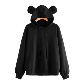 

MISSKY Women Sweatshirt Streetwear Hoodie Cartoon Cat Ears Solid Color Drawstring Loose Lady Pullover Female Tops