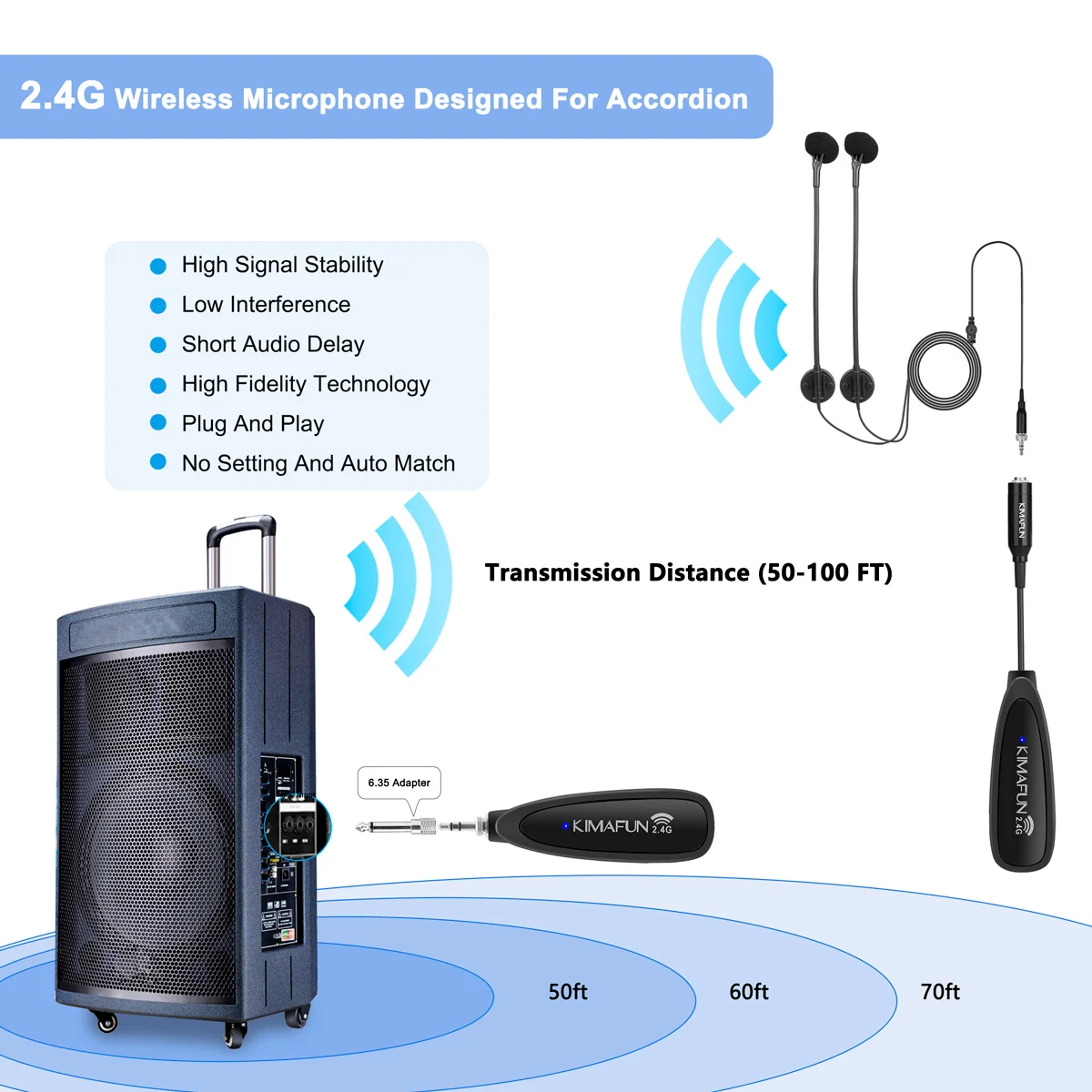 KIMAFUN 2.4G Wireless Microphone Dual Accordion Mic Musical Instrument Condenser High Fidelity Voice Microphone for Accordion