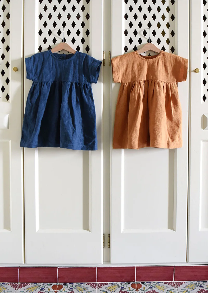 Kids Literary Dress in Cotton Linen  Girls Summer Korean Childs Short-Sleeve Princess Dresses Children's Clothing in Blue Orange 