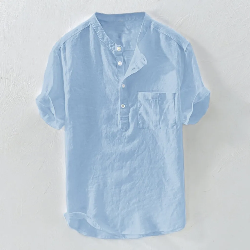 Men's Solid Cotton Button-Line T-Shirts Men Summer New Hemp Short Sleeves Fashion Large Blouse Top 3.25 Men's Solid Cotton Button-Line T-Shirts Men Summer New Hemp Short Sleeves Fashion Large Blouse Top 3.25