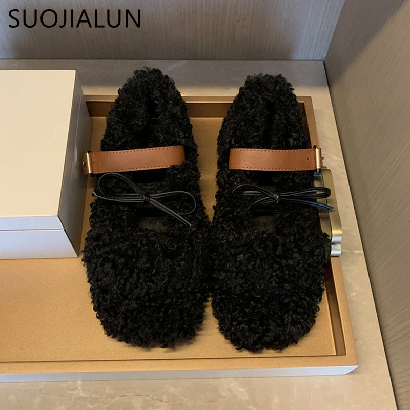 SUOJIALUN; брендовая дизайнерская женская обувь на плоской подошве с мехом; Высококачественная теплая обувь на плоской подошве из овечьей шерсти; повседневные Лоферы без застежки с круглым носком