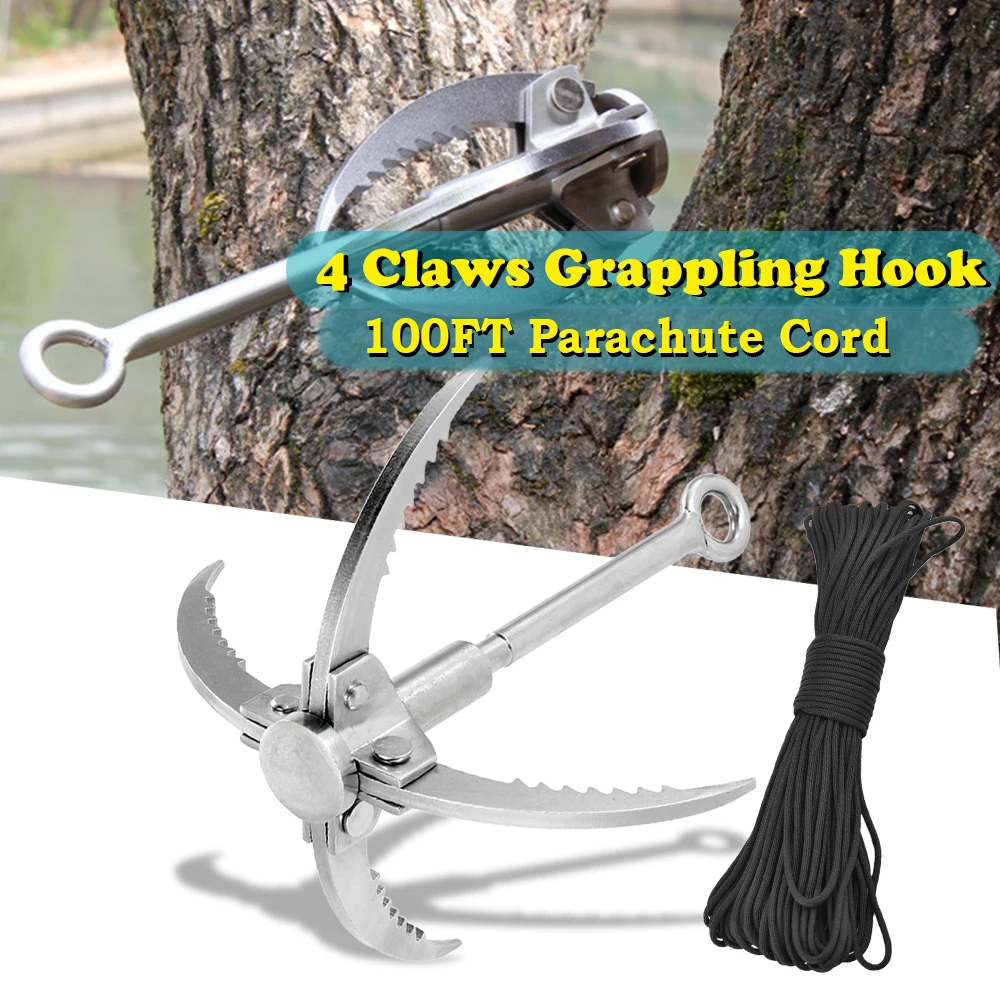 

Outdoor Climbing Grappling Hook Foldable 4 Claws Steel Hook with 100FT Parachute Cord 9 Strand Camping Guyline