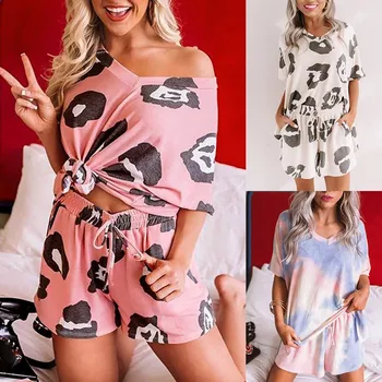 

Womens Tie-dye/Leopard Short Sleeve Pajama Set Night Lounge Top Short Sleepwear